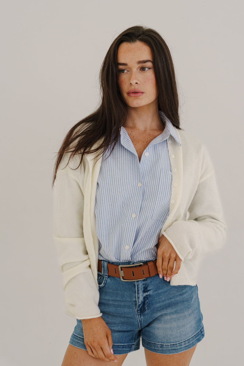 Long Sleeve Button Down Knit Cardigan White