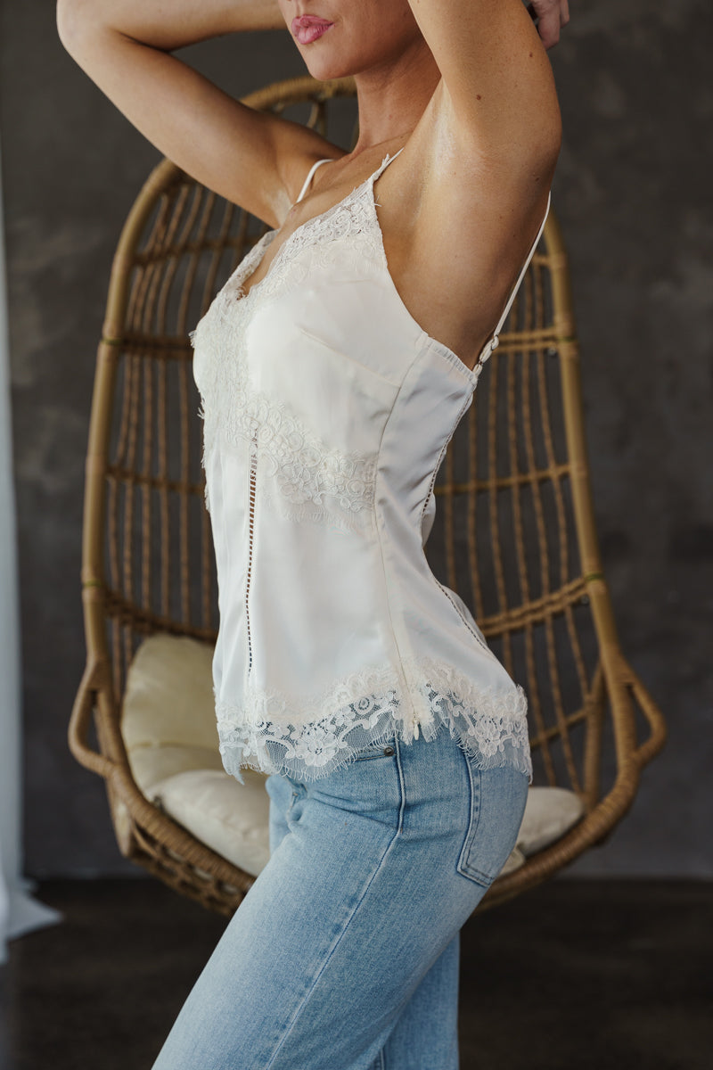 Rosemary Sleeveless Dreamy Lace Trim Satin Cami Top Cream