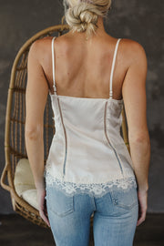 Rosemary Sleeveless Dreamy Lace Trim Satin Cami Top Cream
