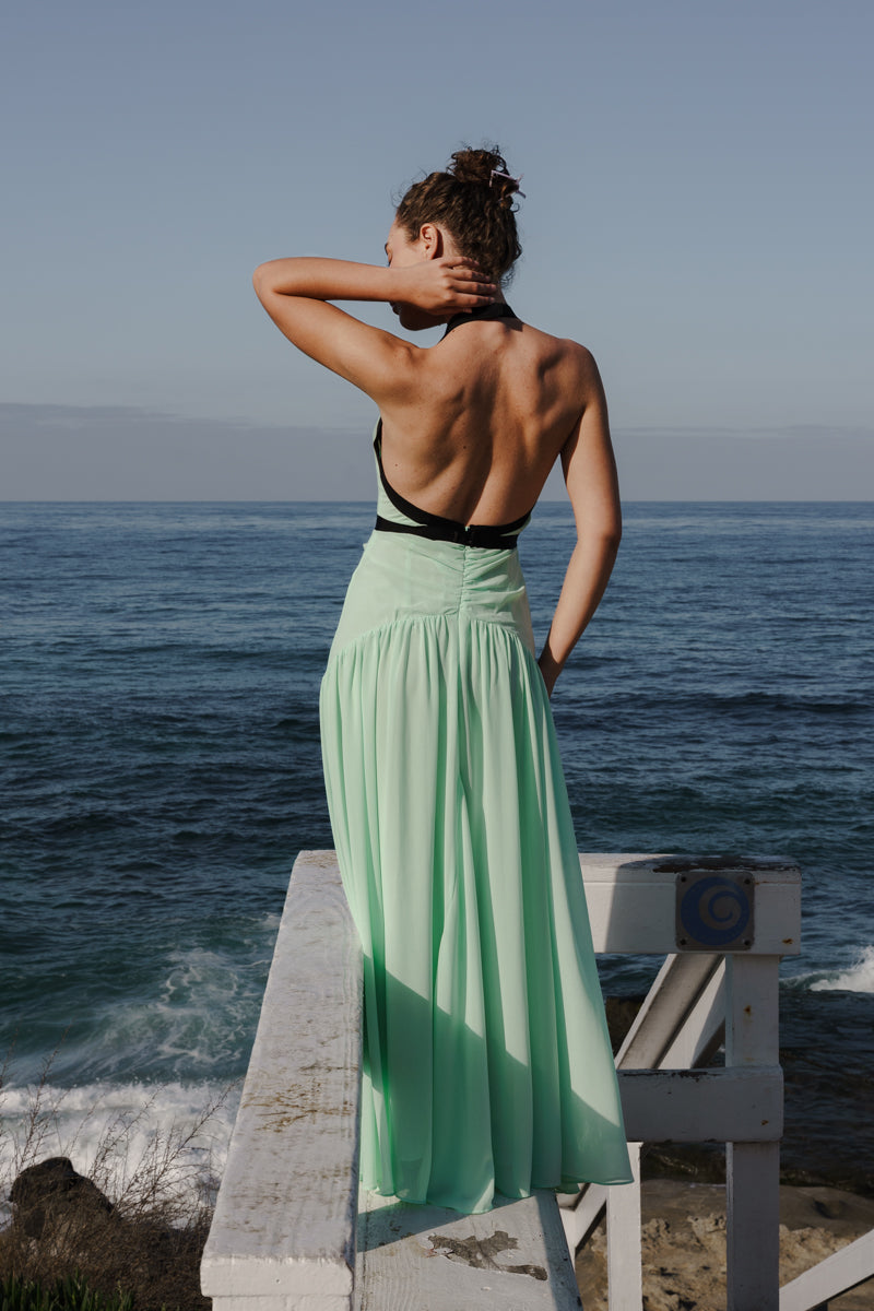 Sleeveless Halter Contrast Ribbon Maxi Dress Mint