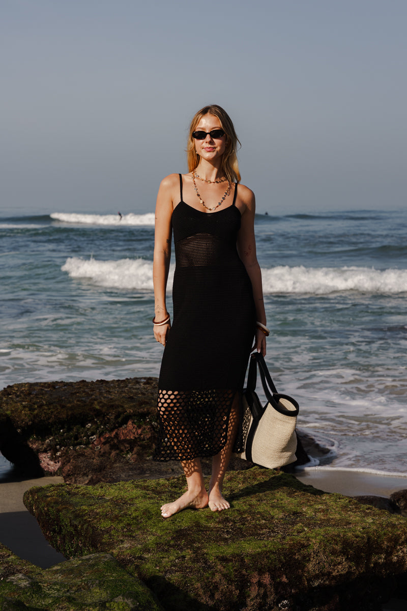 Brittany Sleeveless Crochet Knit Maxi Dress Black LARGE