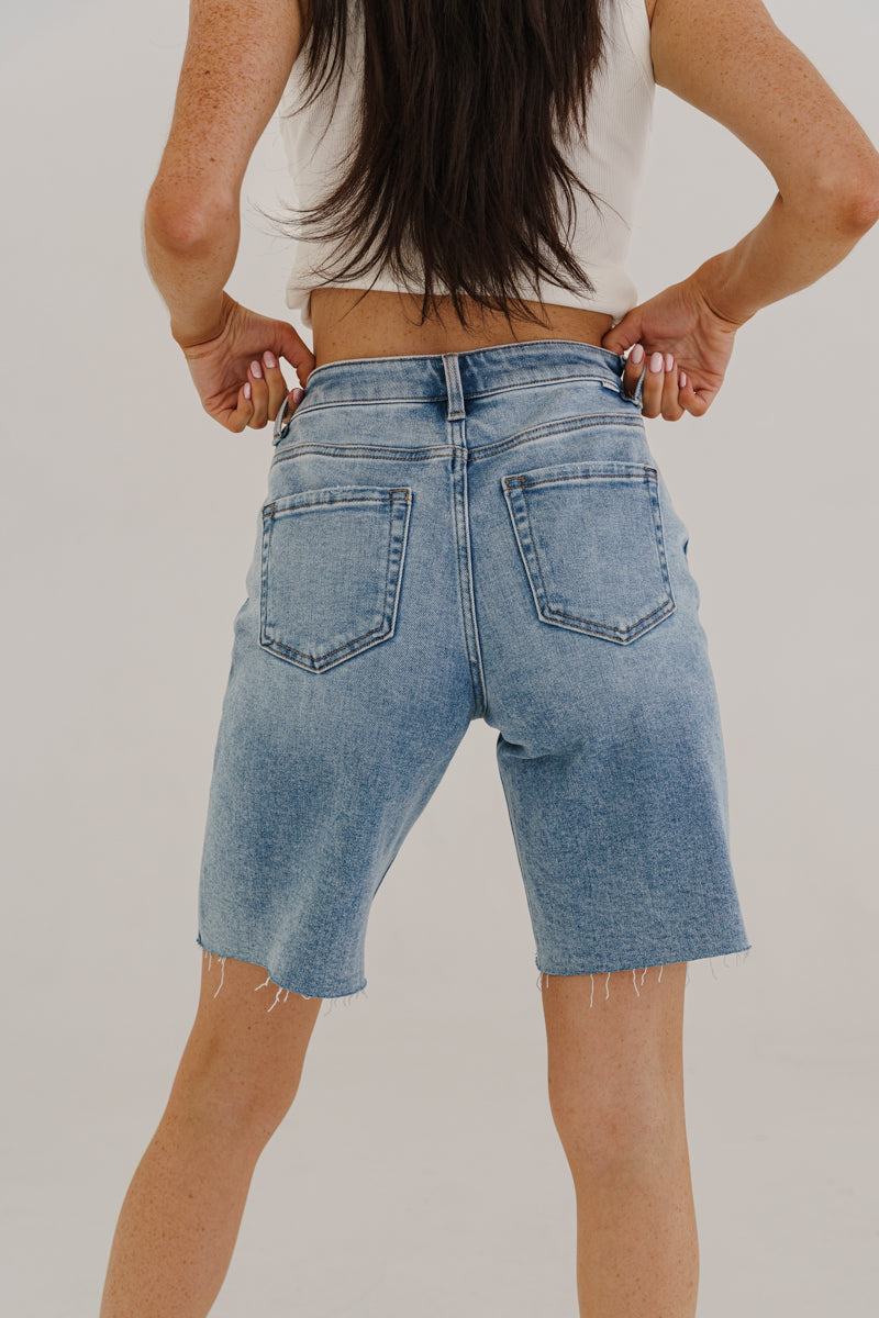 High Rise Raw Hem Denim Bermuda Shorts Medium Wash