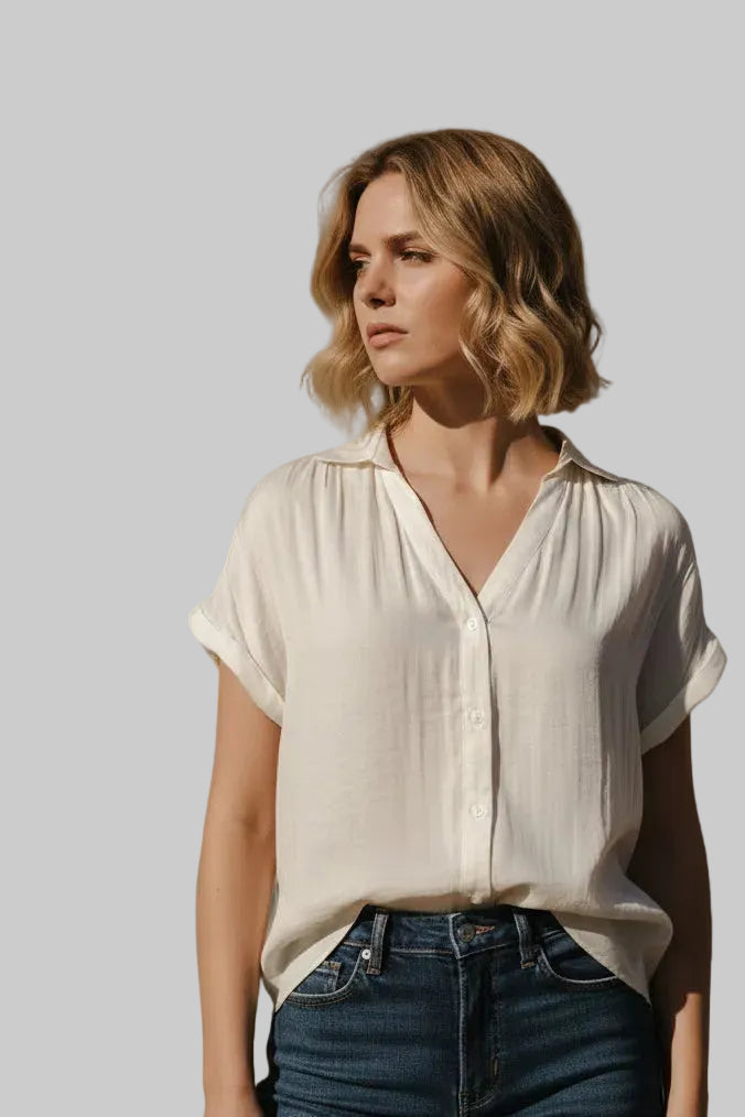Short Sleeve Button Down Top Beige