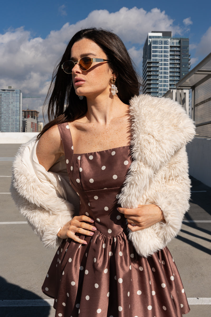 Sleeveless Polka Dot Print Mini Dress Brown