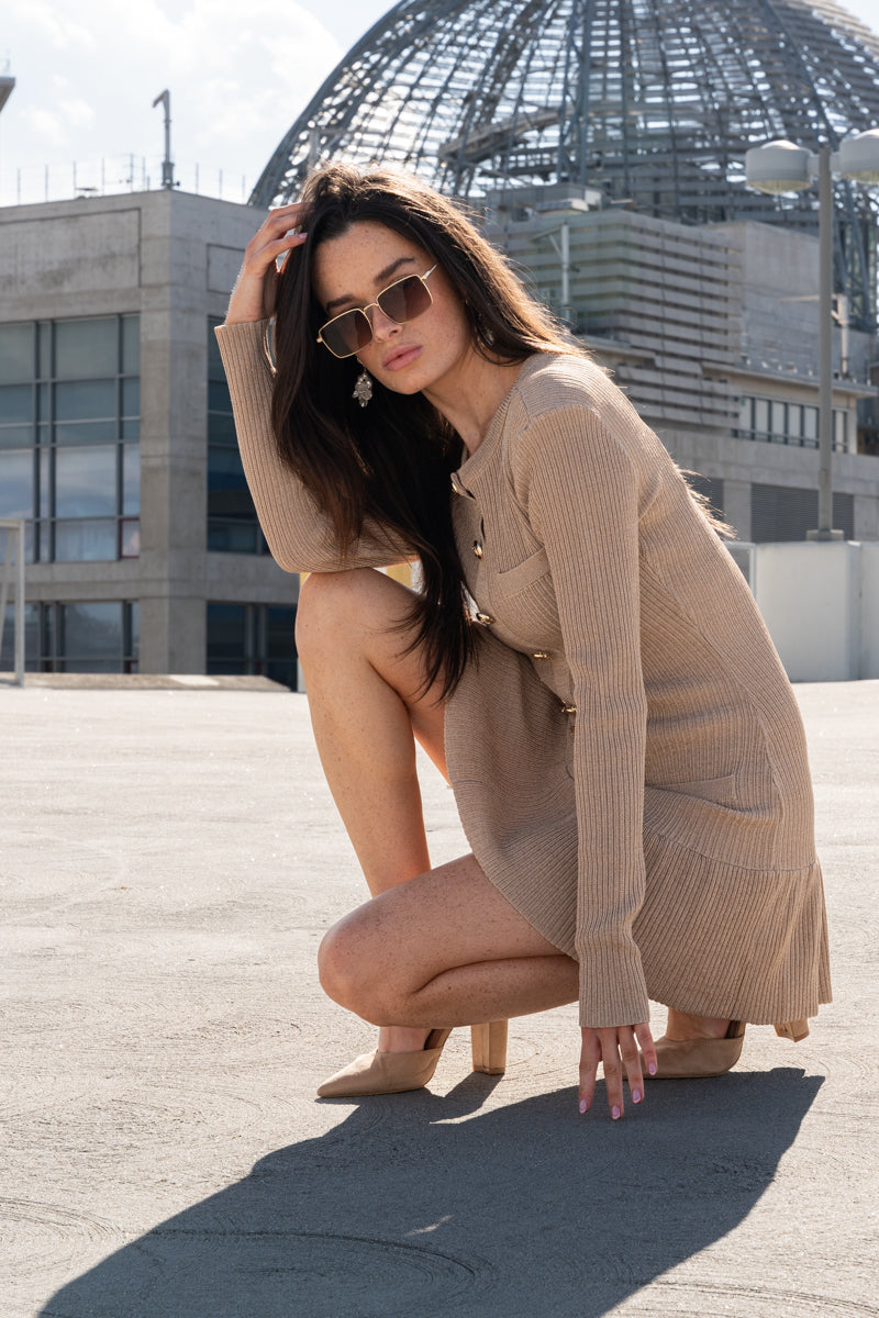 Long Sleeve Faux Button Knit Mini Dress Mocha
