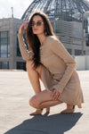 Long Sleeve Faux Button Knit Mini Dress Mocha