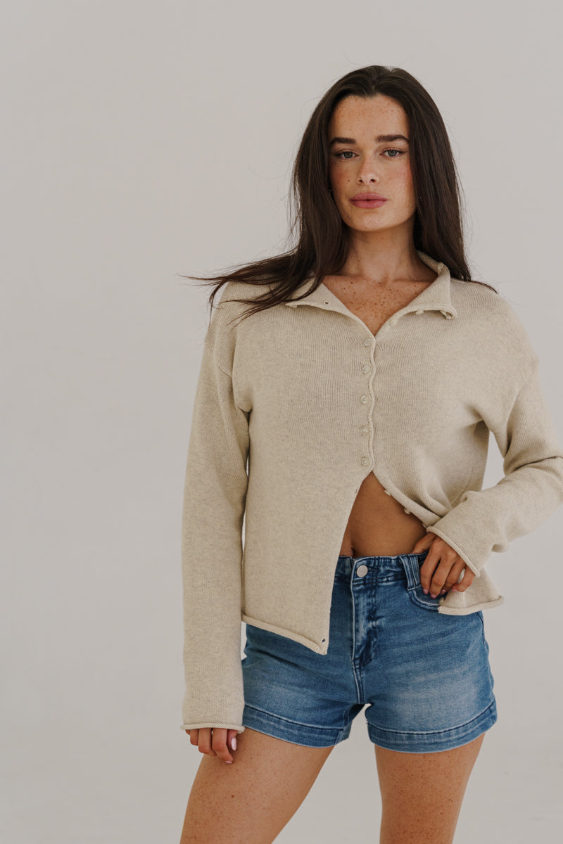 Long Sleeve Button Down Knit Cardigan Oatmeal