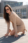 Long Sleeve Faux Button Knit Mini Dress Mocha