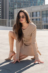 Long Sleeve Faux Button Knit Mini Dress Mocha