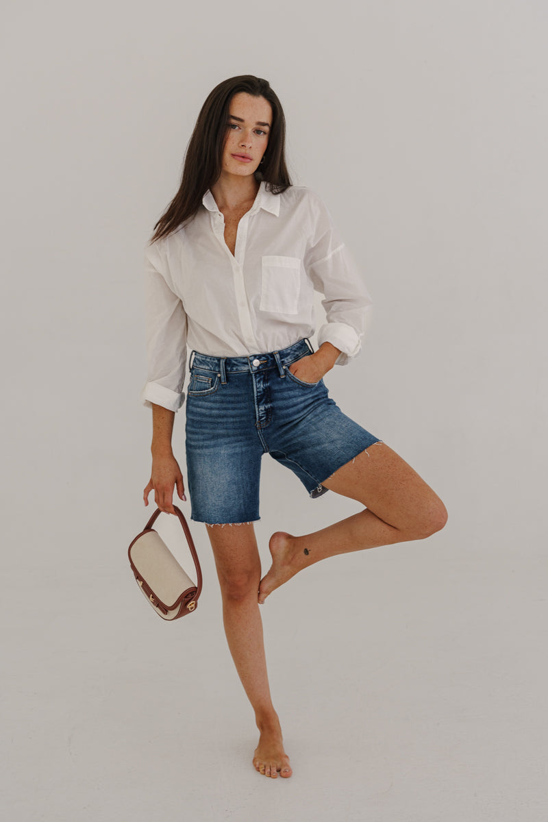 High Rise Raw Hem Denim Shorts Medium Wash