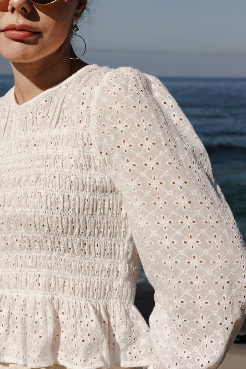  Long Balloon Sleeve Embroidered Peplum Top White