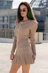 Long Sleeve Faux Button Knit Mini Dress Mocha
