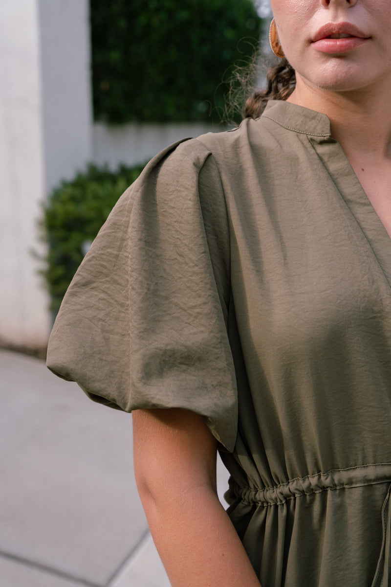  Short Puff Sleeve Drawstring Waist Mini Dress Olive