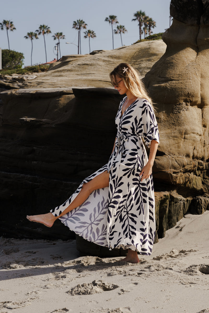 kimono style maxi dress Marble Swirl Kimono Maxi Dress with Slits  Boho Resort Style