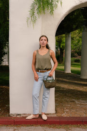 Sleeveless Studded Strap Satin Top Olive