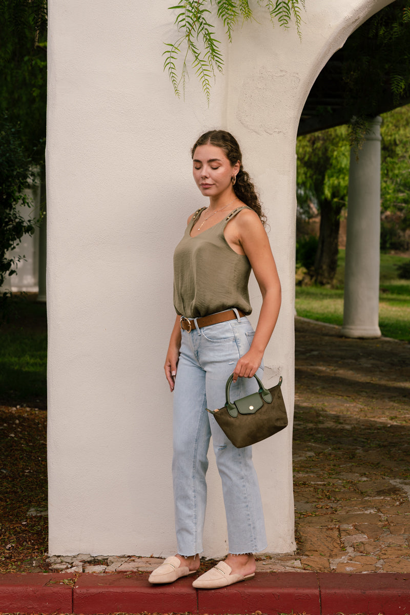 Sleeveless Studded Strap Satin Top Olive
