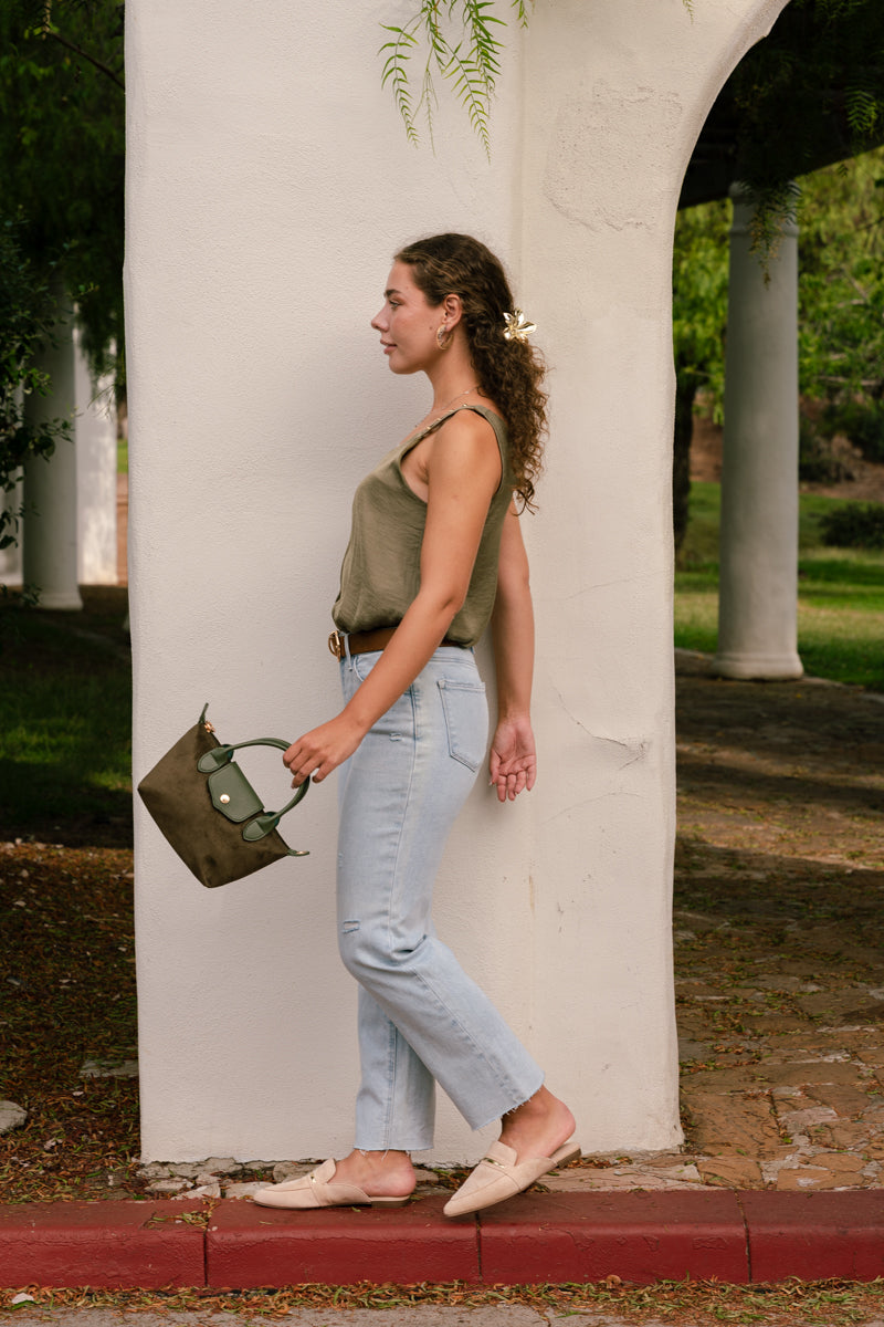  Double Top Handle Faux Leather Mini Handbag Green