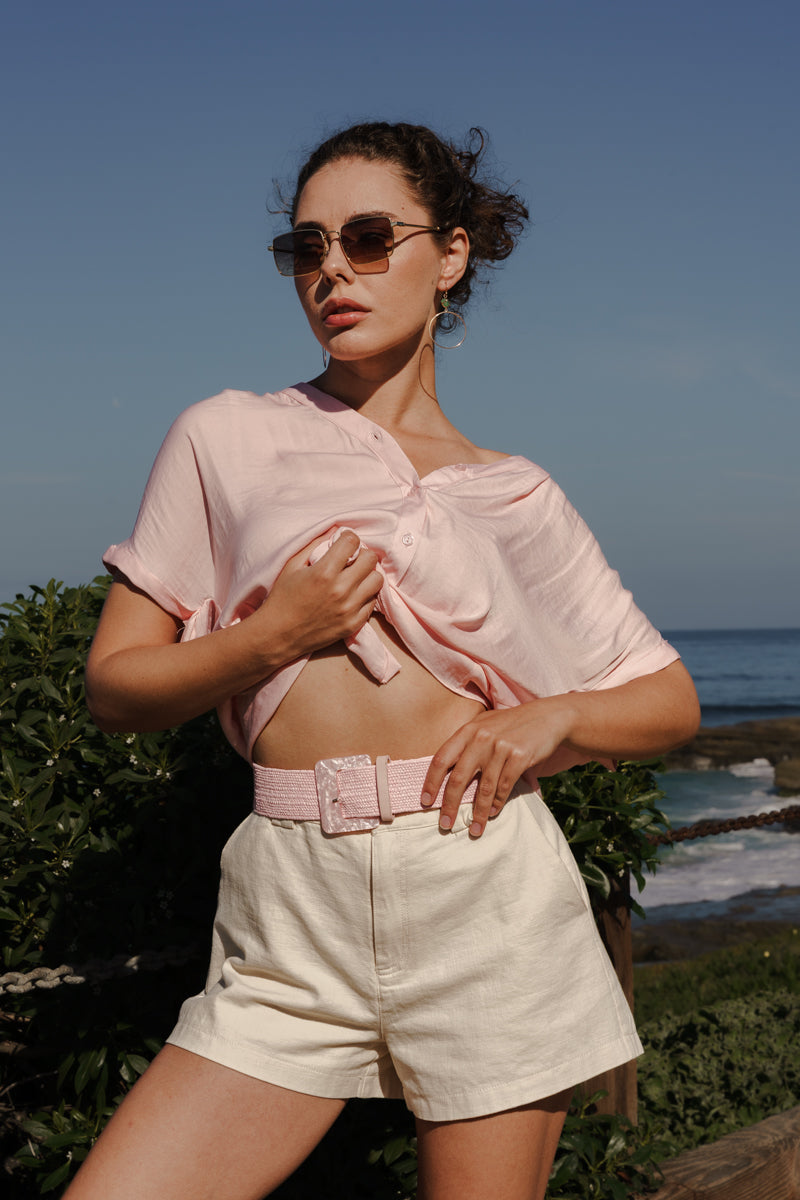 Large Square Marbled Buckle Straw Belt Pink