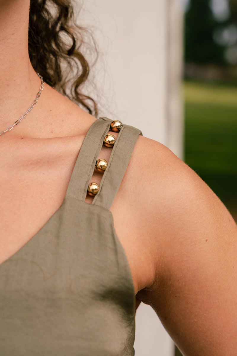 Sleeveless Studded Strap Satin Top Olive