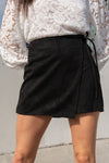 High Waist Faux Suede Wrap Mini Skort Black