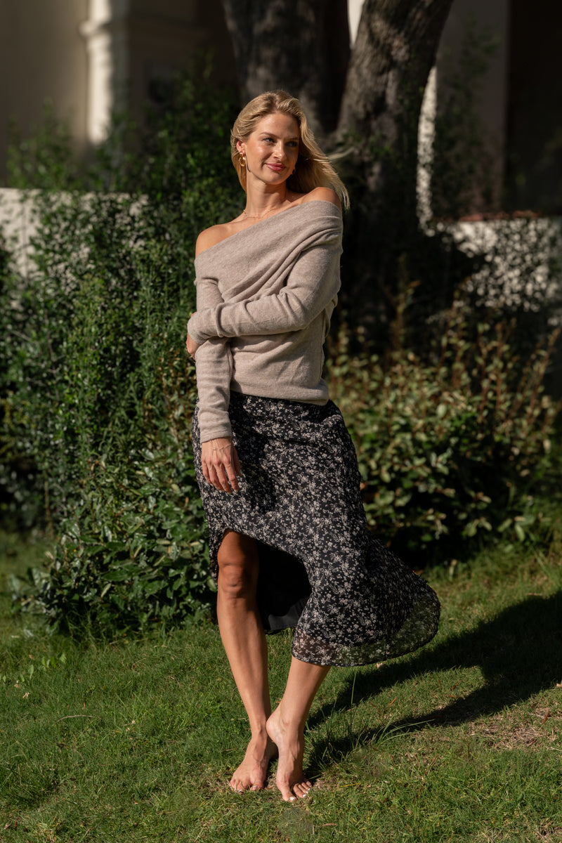 High Waist Floral Midi Skirt Black