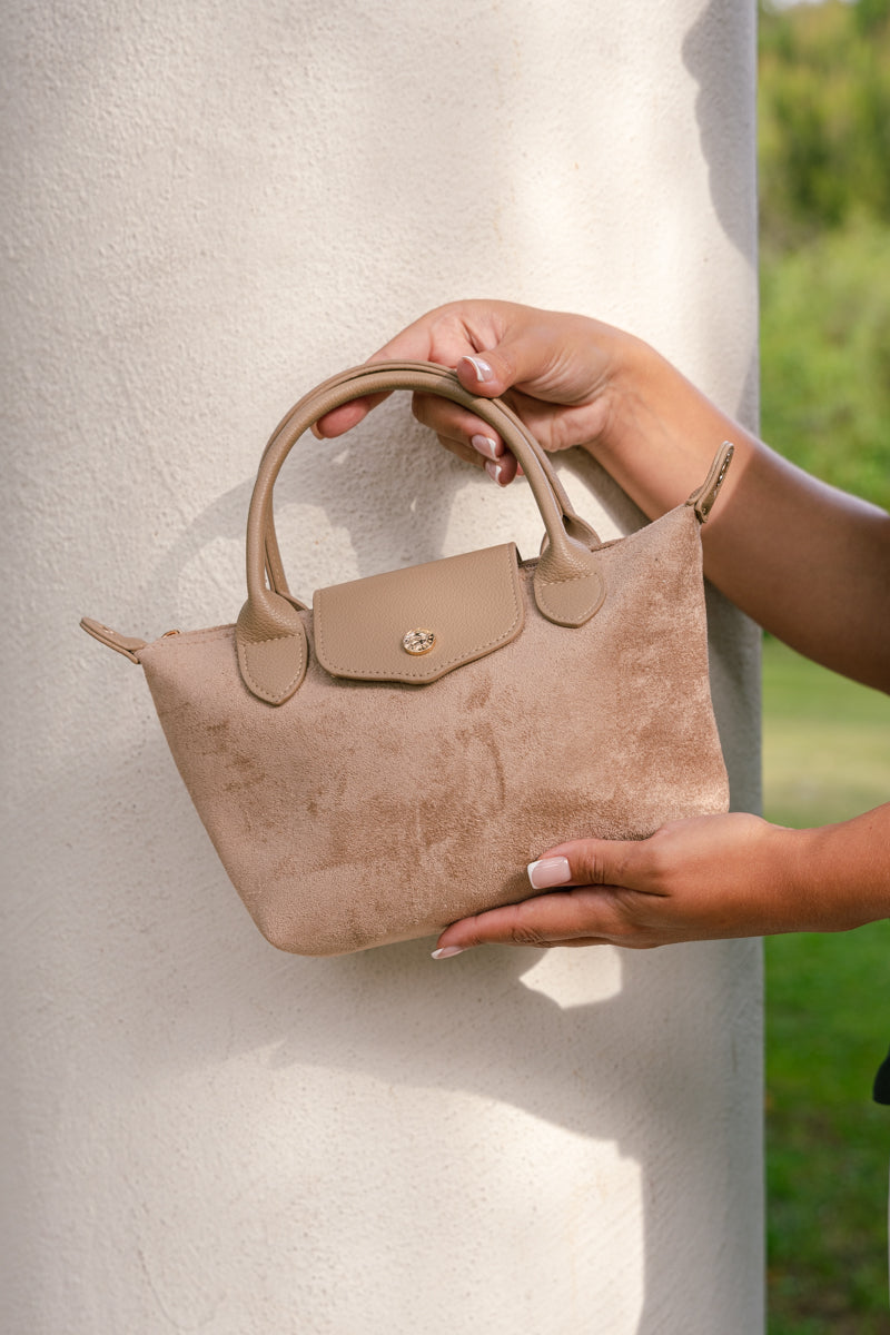 Double Top Handle Faux Leather Mini Handbag Beige
