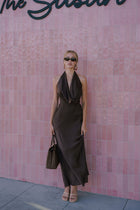 Sleeveless Halter Open Back Satin Maxi Dress Brown