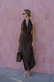 Sleeveless Halter Open Back Satin Maxi Dress Brown