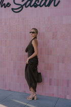 Sleeveless Halter Open Back Satin Maxi Dress Brown
