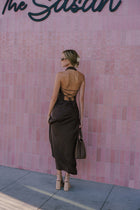 Sleeveless Halter Open Back Satin Maxi Dress Brown