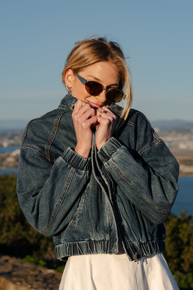 Long Sleeve Denim Bomber Jacket Dark Wash