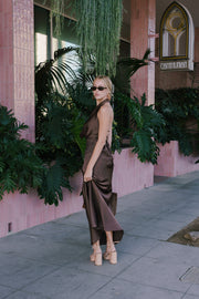 Sleeveless Halter Open Back Satin Maxi Dress Brown