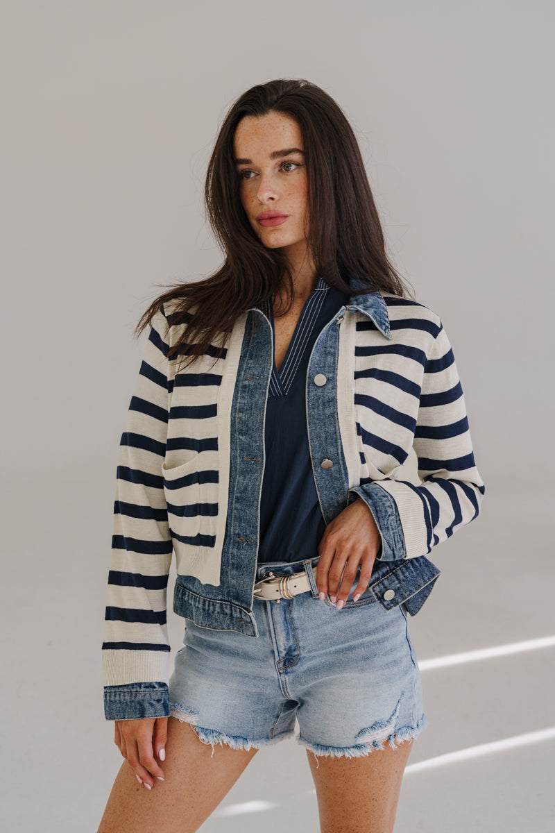 Amelia Long Sleeve Knit Denim Trim Stripe Print Shacket Navy – Miss ...
