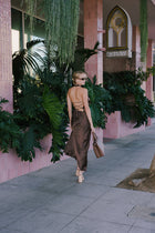 Sleeveless Halter Open Back Satin Maxi Dress Brown