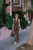 Sleeveless Halter Open Back Satin Maxi Dress Brown