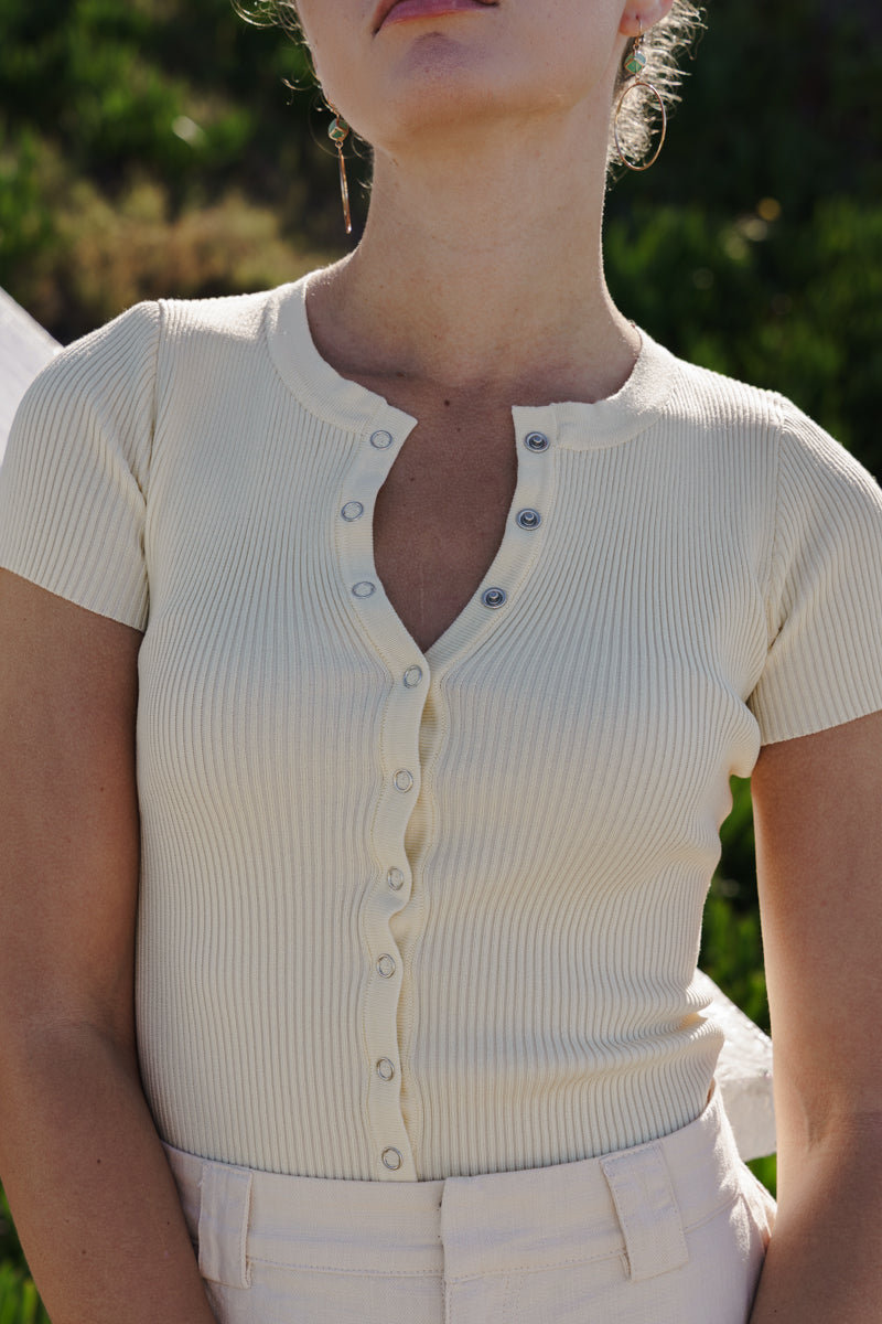  Short Sleeve Button Down Knit Top Yellow