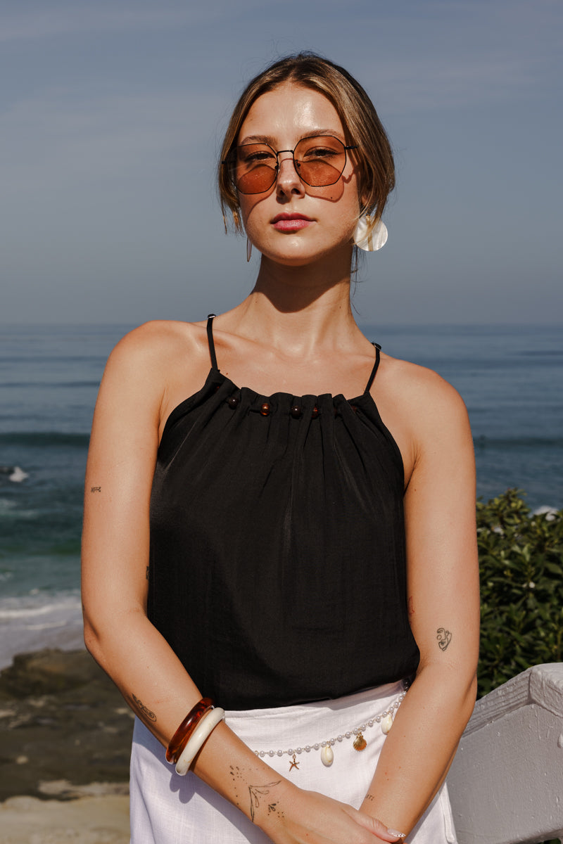 Sleeveless Pleated Top Black