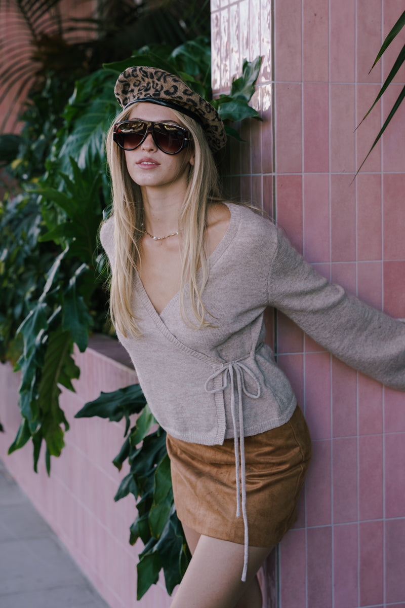 Long Sleeve Wrap Knit Top Taupe
