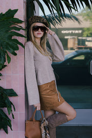 Long Sleeve Wrap Knit Top Taupe