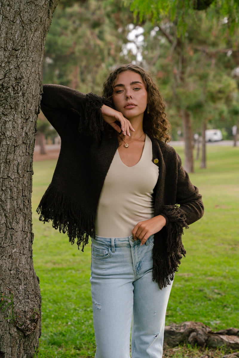Long Sleeve Open Front Fringe Knit Cardigan Brown