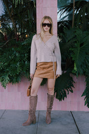 Long Sleeve Wrap Knit Top Taupe