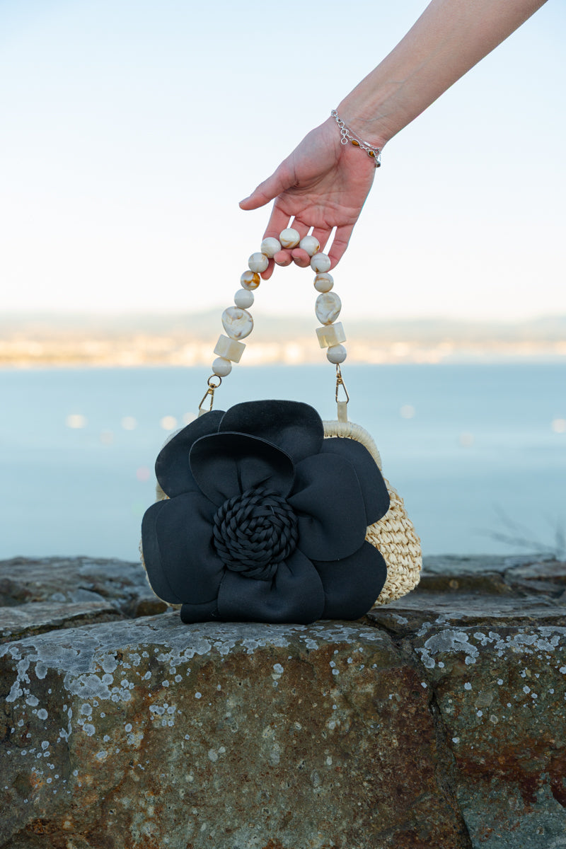 Basket Weave Fabric Flower Handbag Black