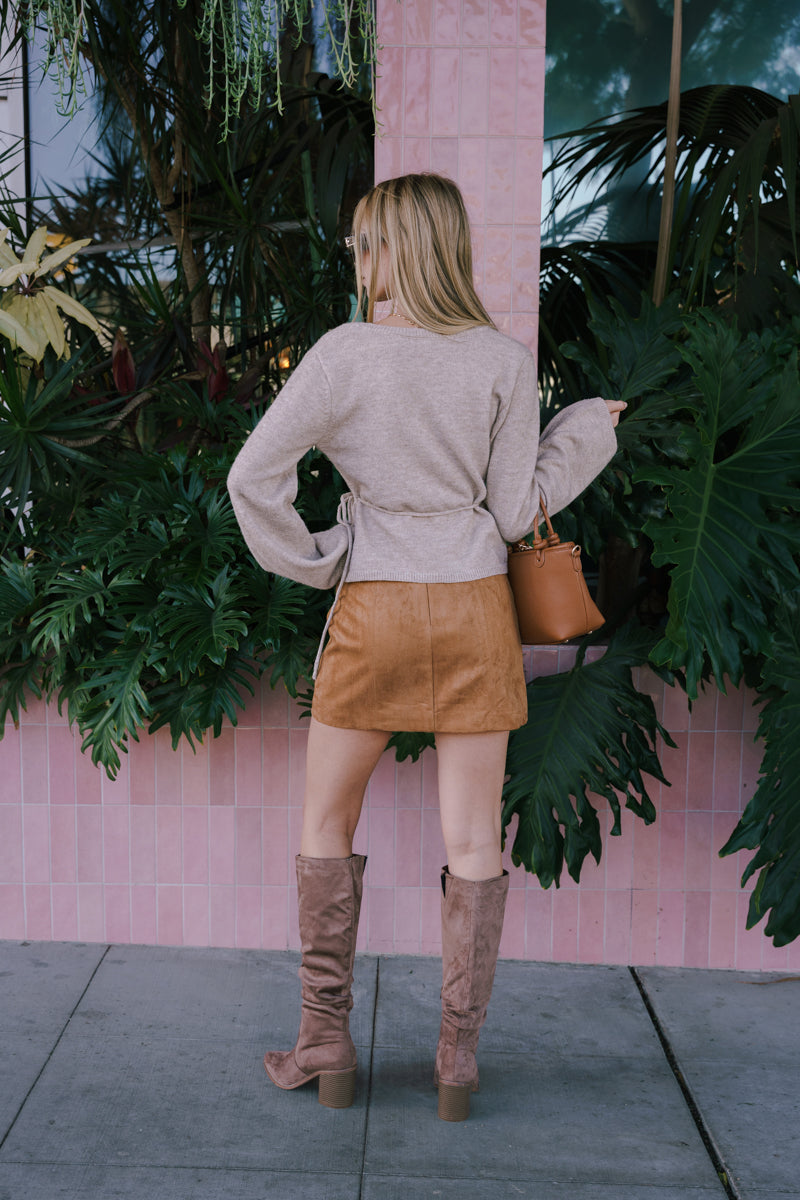 Long Sleeve Wrap Knit Top Taupe