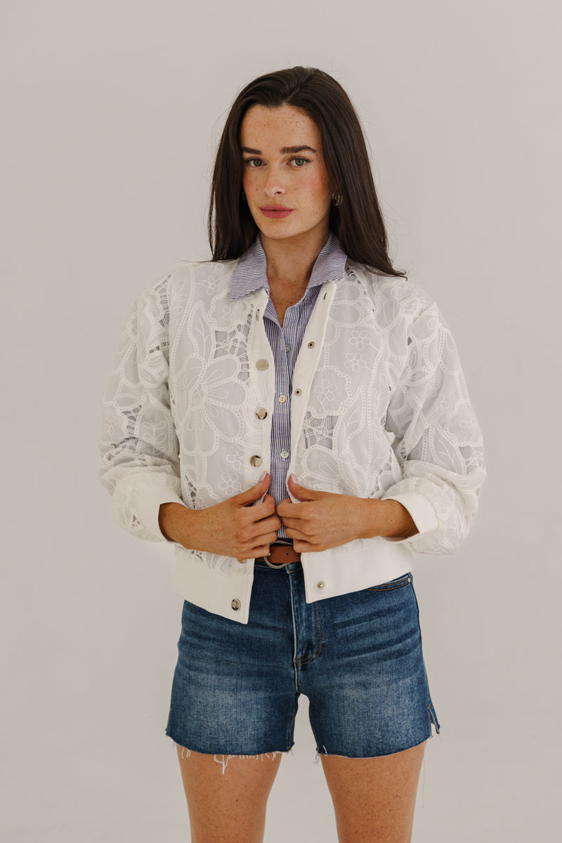 Long Sleeve Floral Lace Bomber Jacket White