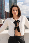 Long Sleeve Sequined Bow Tie Jacket White