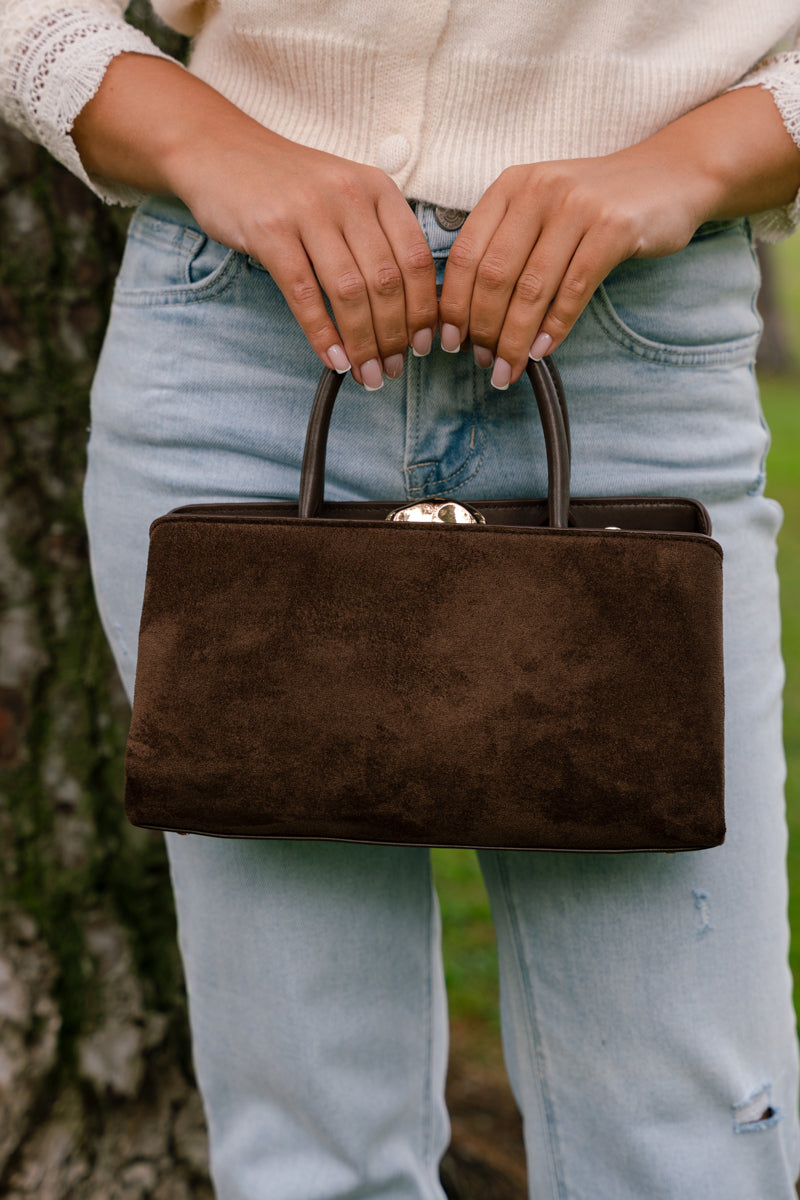 Top Handle Faux Suede Handbag Brown