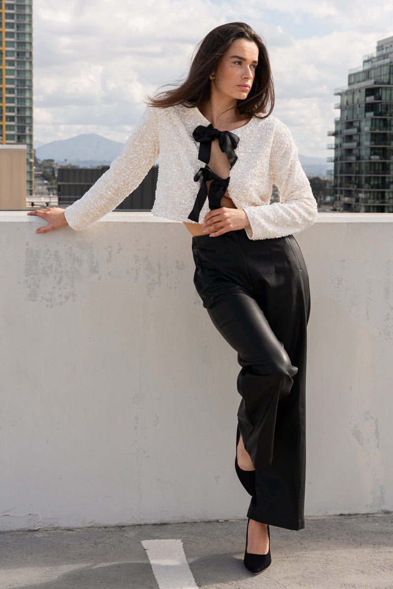 High Waist Faux Leather Wide Leg Pants Black