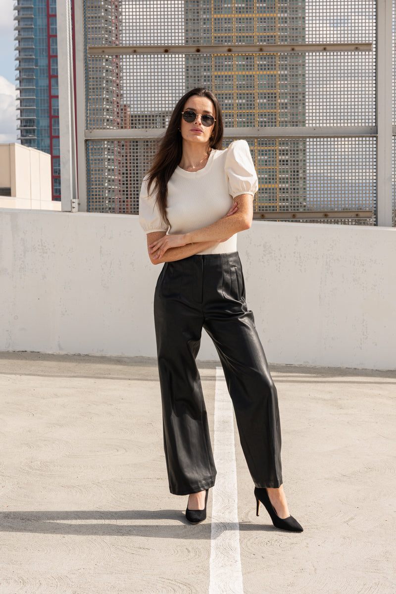 Short Puff Sleeve Knit Top Cream