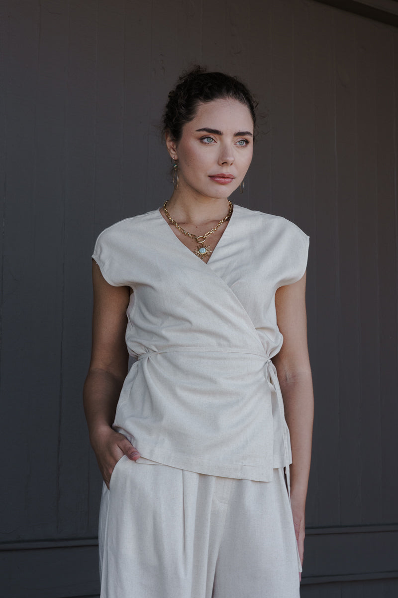 Short Cap Sleeve Linen Wrap Top And Wide Leg Pant Set Natural