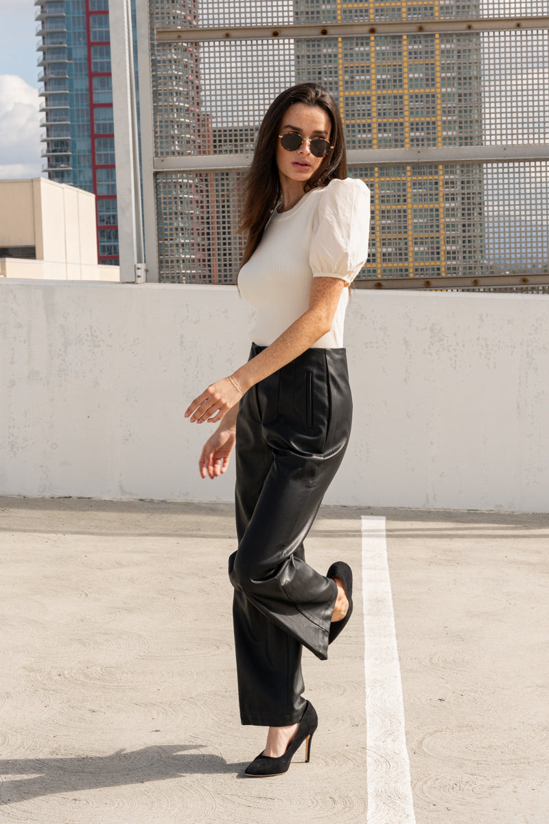 Short Puff Sleeve Knit Top Cream